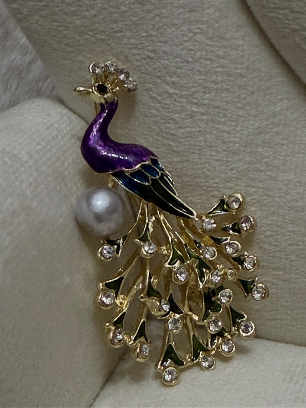 Gold Peacock Brooch with Purple Enamel and Pearl Accent - Picture 2 of 3